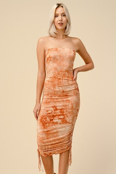 TIE DYE DRESS WITH RUCHING SIDES