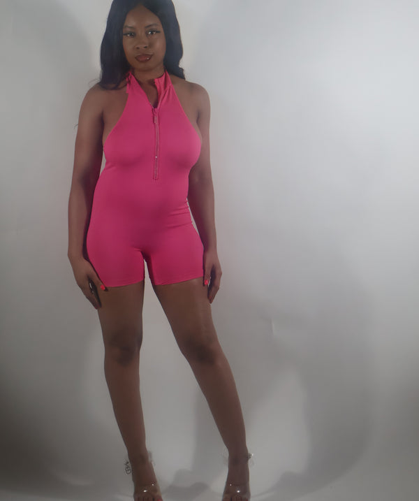 Rhinestone halter neck open back romper