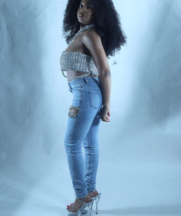 Rhinestone Cut-Out Jeans