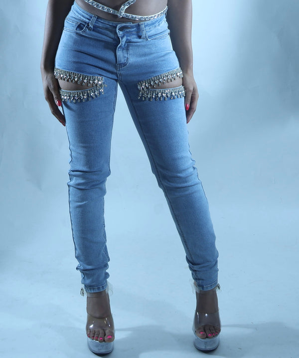 Rhinestone Cut-Out Jeans